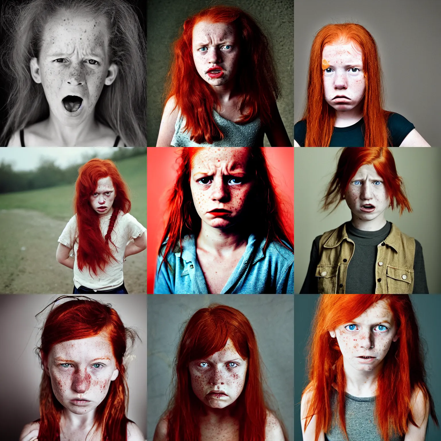 Prompt: photo of an angry ten year old girl by annie leibovitz, red hair, freckles
