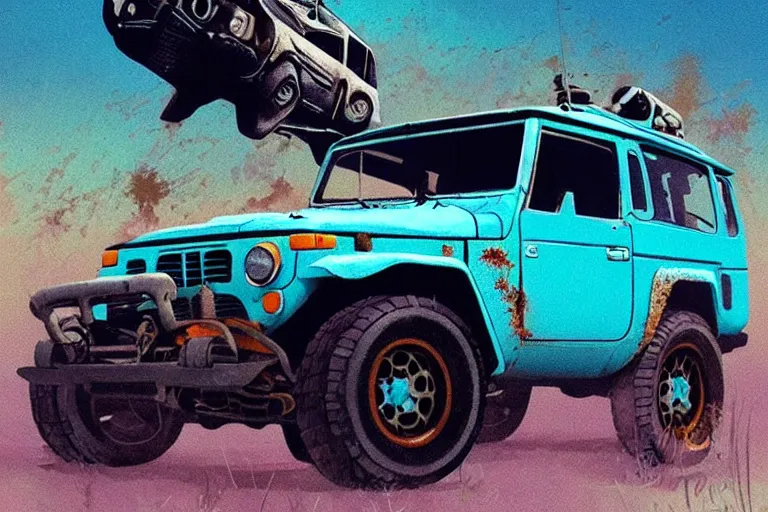 Image similar to digital illustration of a faded cyan mad max's fj 4 0 decrepit!!!! pursuit special, rusty!!! nissan fj cruiser heavily modded 1 9 9 0 s, the last v 8 interceptor by makoto shinkai, ilya kuvshinov, lois van baarle, rossdraws, basquiat