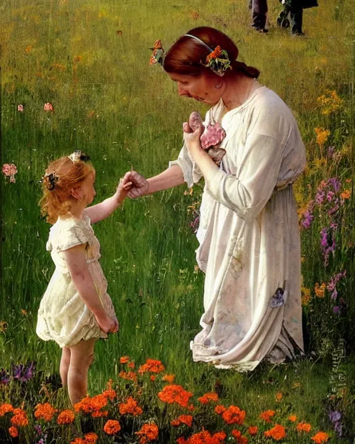 Image similar to detailed painting of a beautiful tardigrade standing upright and holding hands with a young girl, untouched by humans for years, with a brooding fairy inside it. sunlight beams down on the scene and you can tell it is spring from the flowers. atmospheric. by norman rockwell