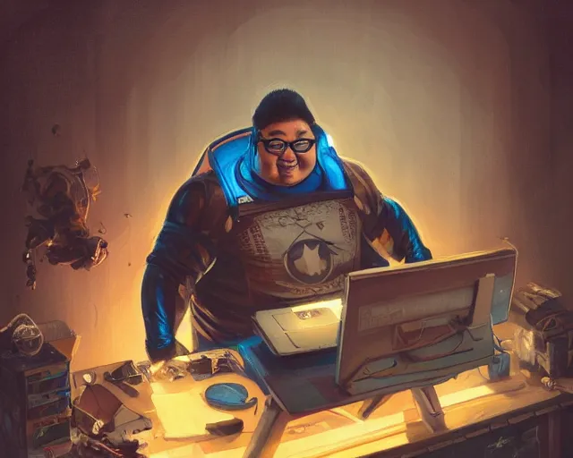 Image similar to an insanely detailed painting of a chubby nerdy asian man wearing a homemade superhero costume, sitting at a computer desk typing on the keyboard, in the style of peter mohrbacher, dramatic lighting and composition, trending on artstation, concept art, comic book, graphic novel, back view