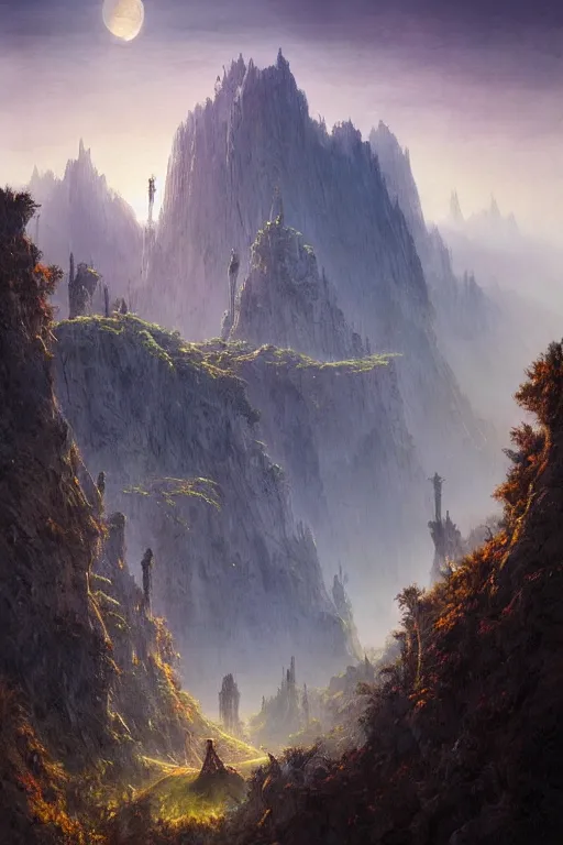 Image similar to amazing concept painting, by Jessica Rossier and HR giger and Beksinski, Rivendell, elvish and greek fortress overlooking a valley, terraces, hallucination, garden of eden