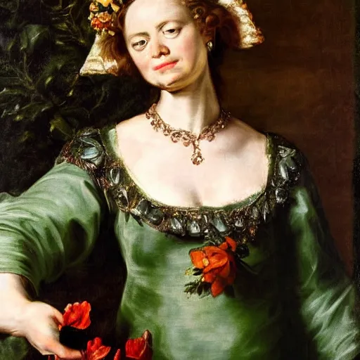 Prompt: Emily Blunt wearing green tunic holding a flower. Painted by Rubens, high detail