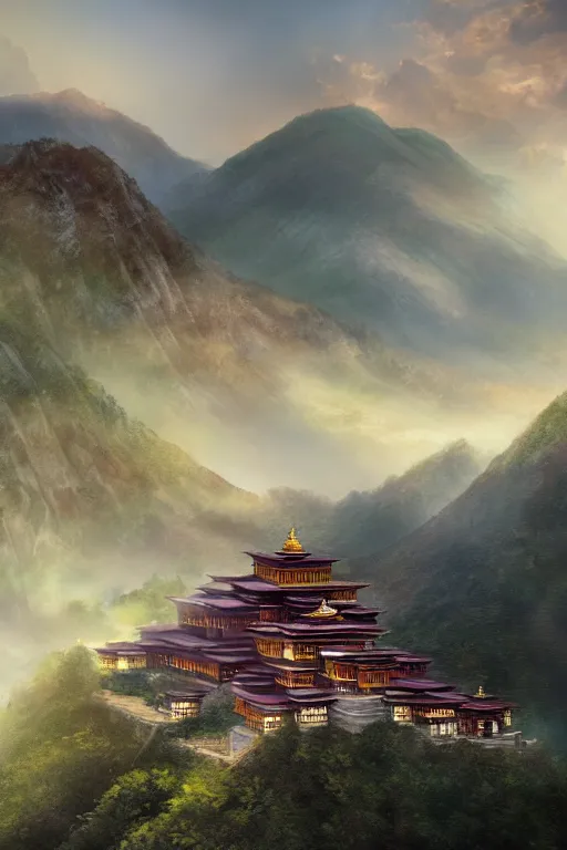 Image similar to Shangri-la at dawn, a Tibetan monastery at the edge of the cliff, powerfull, intricate, elegant, volumetric lighting, digital painting, highly detailed, artstation, sharp focus, illustration, concept art, ruan jia, steve mccurry