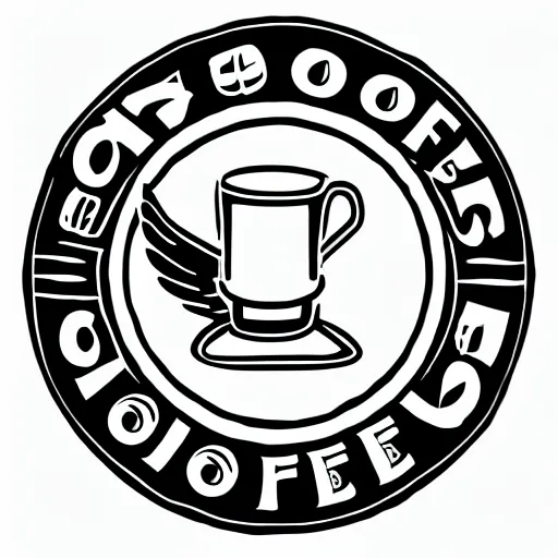 Prompt: logo of a pot of coffee with wings, black and white, line art