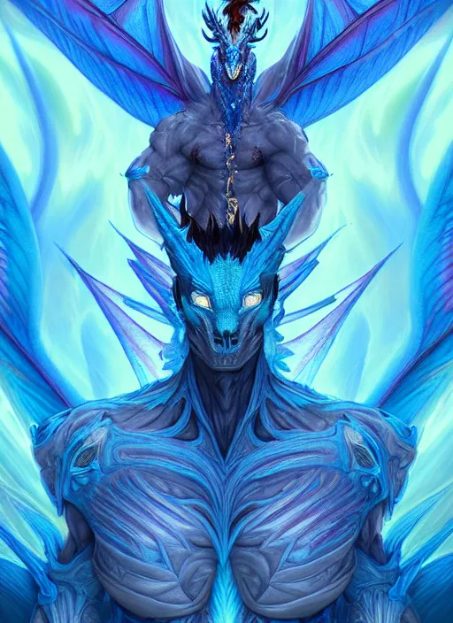 Image similar to muscular and tall blue ghostly fire humanoid dragon!!!! draconian!! intricate ornate iridescent exoesqueleton!! character concept art, sharp focus, octane render! unreal engine 5! highly rendered!! trending on artstation!! detailed linework!! illustration by artgerm, wlop, and chie yoshii