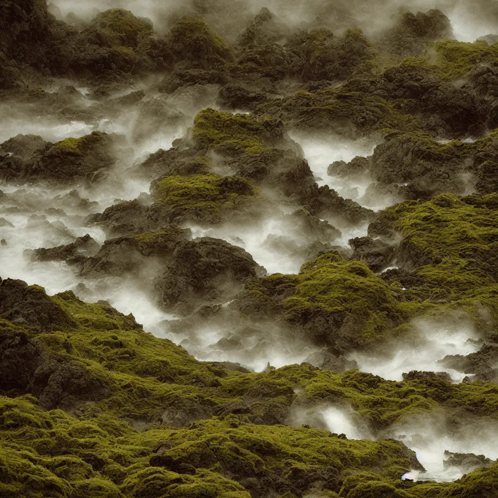 Image similar to dark and moody 1 9 7 0's artistic technicolor spaghetti western film, a large huge crowd of women in a giant billowing wide long flowing waving colorful dresses, standing inside a green mossy irish rocky scenic landscape, crashing waves and sea foam, volumetric lighting, backlit, moody, atmospheric, fog, extremely windy, soft focus