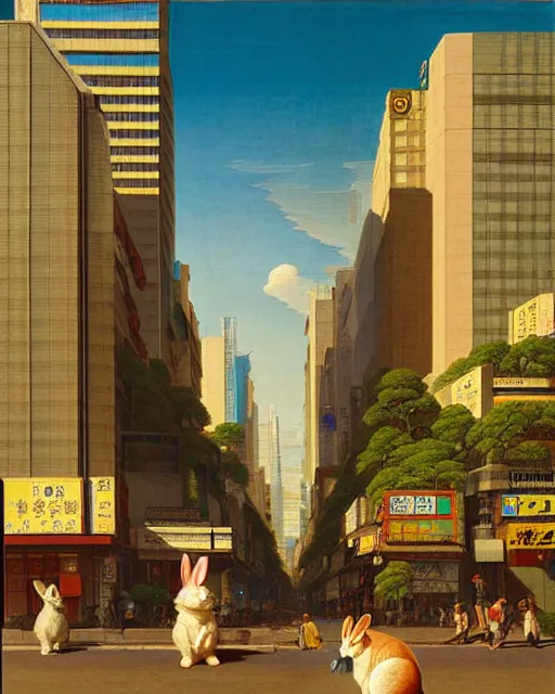 Image similar to a rabbit bear, sitting in tokyo, unique, sunny day, busy street, art by thomas cole