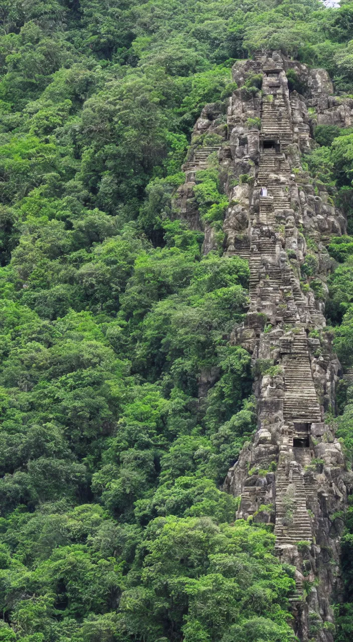 Prompt: An ancient jungle temple on a cliff, with a starway leading up to it