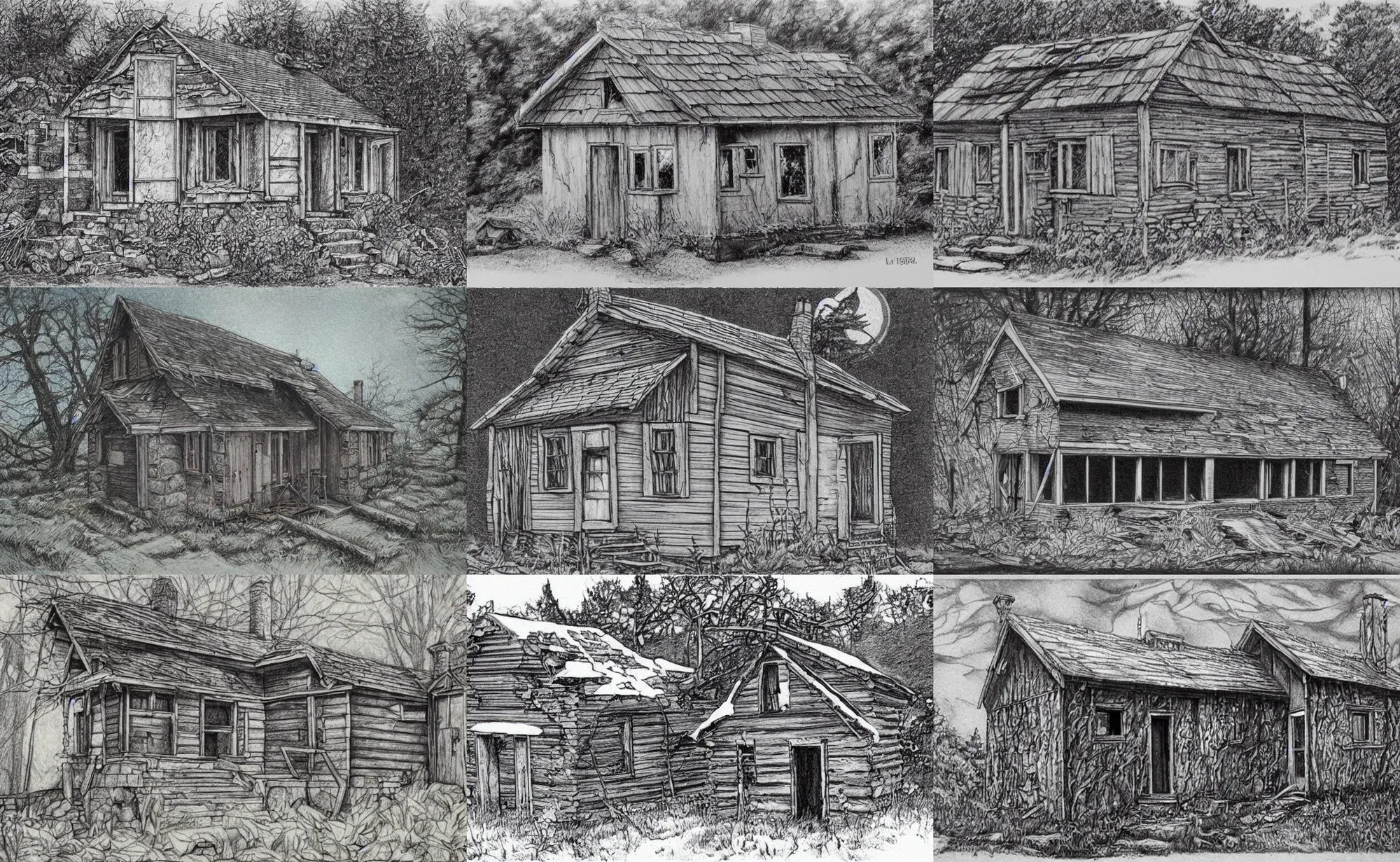 Prompt: Well-detailed 1980s abandoned cottage, skillful pencil rendering magnus opus