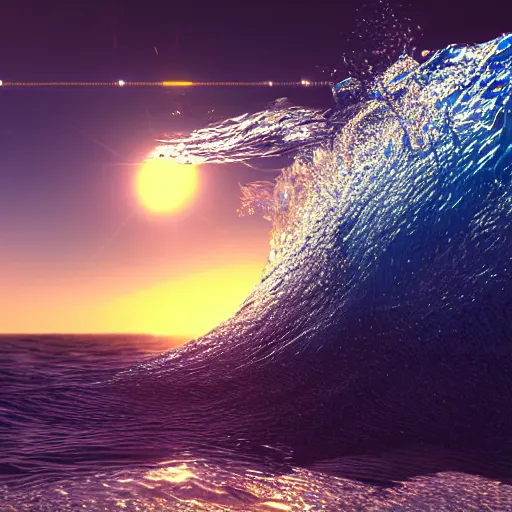 Prompt: stunning ultra realist waves reflections and refractions on the ocean with fantasy dolphin jumping, symmetry accurate features, focus, very intricate ultrafine details, blue purple aqua colors, award winning masterpiece, octane render