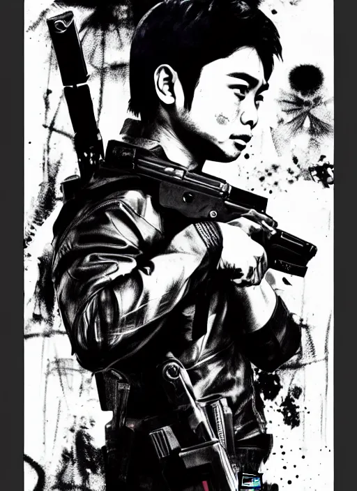 Image similar to coco martin as cardo dalisay from ang probinsyano in a poster shot, in the style of yoji shinkawa, ink on paper, gritty, dark hues