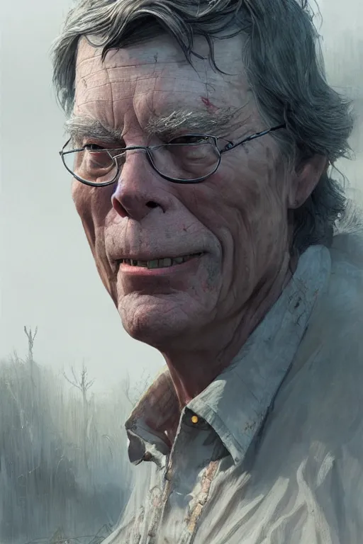 Prompt: stephen king as hillbilly farmer, village, intricate, highly detailed, smooth, artstation, digital illustration by Ruan Jia and Mandy Jurgens and Artgerm and Wayne Barlowe and Greg Rutkowski and Zdislav Beksinski