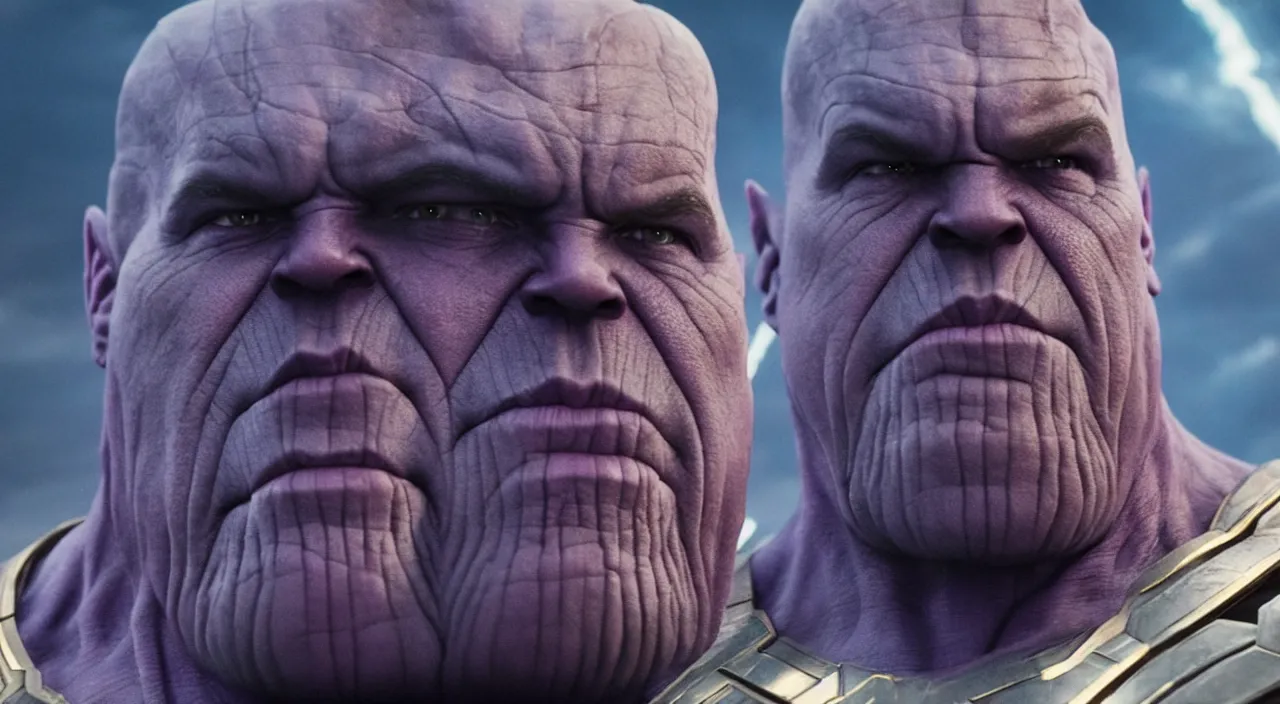 Prompt: Film still of Thanos with two fingers on his mouth with puckered lips and sadly furled eyebrows as he stands leaned over sheepishly awkwardly