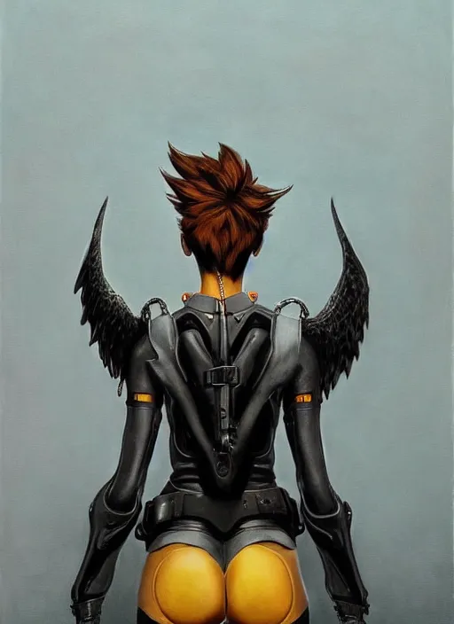 Prompt: full body artwork of tracer overwatch wearing leather collar in style of zdzisław beksinski, angel wings, dramatic painting, symmetrical composition, wearing detailed leather collar, black shiny armor, chains, black harness, detailed face and eyes,