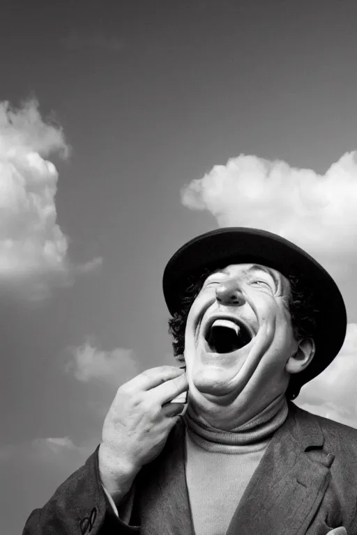 Image similar to close - up, photography of coluche laughing, photography of pierre desproges laughing, clouds everywhere