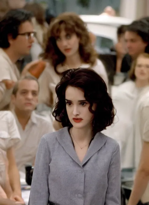 Image similar to stunning young Winona Ryder in the Wolf of Wallstreet, debut, movie screenshot