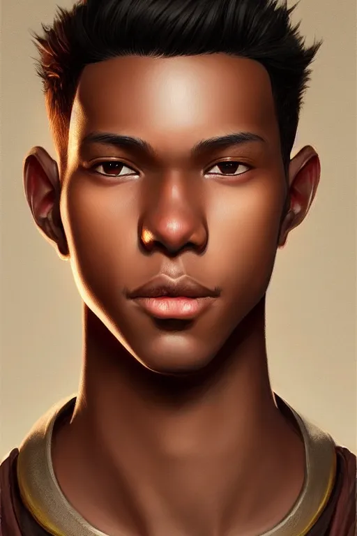 Image similar to young teenager boy with straight short brown hair, dark skin, big lips. highly detailed, d & d, fantasy, highly detailed, digital painting, trending on artstation, concept art, sharp focus, illustration, art by artgerm and greg rutkowski and fuji choko and viktoria gavrilenko and hoang lap