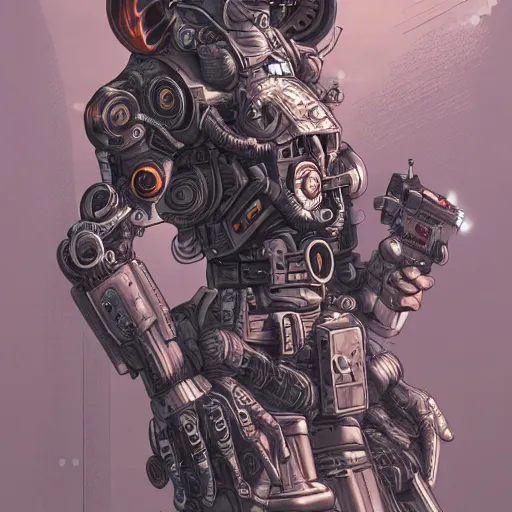 Image similar to lineart, colour, cyborg, full body, steampunk, hyperdetailed, artstation