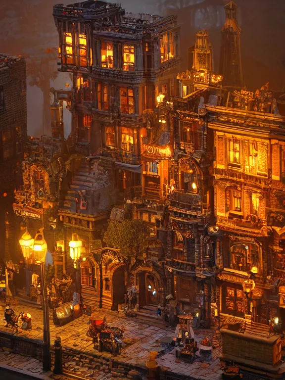 Image similar to mega detailed miniature voxel diorama steampunk workshop, victorian era, vintage architecture, clockwork technology, soft lights are on in the windows, dark night, fog, winter, blizzard, cozy and warm atmosphere, row of street lamps with demonic orange light, several ruins nearby, 1 8 5 0