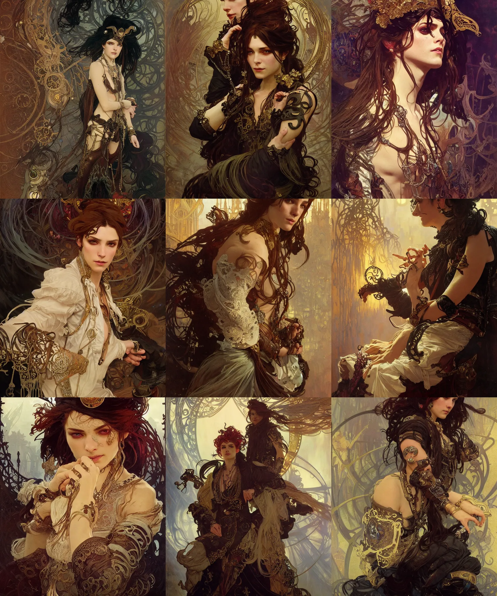 Prompt: intricate, 8 k highly professionally detailed, dark fantasy, dynamic lighting, cinematic, a beautiful close up portrait of a pirate sitting with elegant looks, leather clothing, ornate costume and flowing magic all around, alphonse mucha and greg rutkowski,