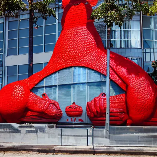 Prompt: a giant red frog as big as a building