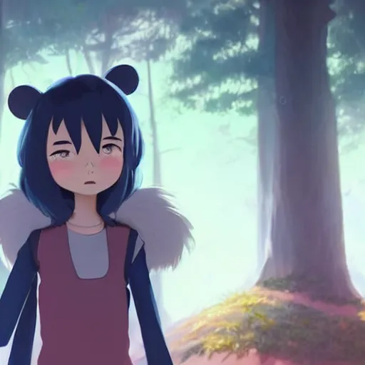 Prompt: a wholesome animation key shot of a dark blue haired girl with a raccoon tail, medium shot, studio ghibli, pixar and disney animation, sharp, rendered in unreal engine 5, anime key art by greg rutkowski, bloom, dramatic lighting