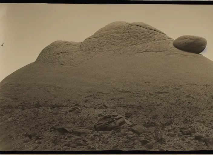 Image similar to Distant view of a huge inselberg carved by the wind and sand, towering over sparse desert vegetation, rocks and boulder, albumen silver print, Smithsonian American Art Museum