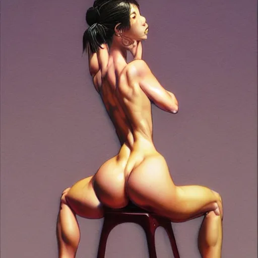 Image similar to artstation a woman posing on a stool, by Hajime Sorayama, very detailed, close up, sideways