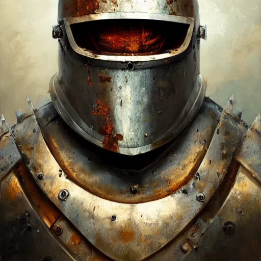 Prompt: A realistic painting of a knight in full plate armor, rusted and dirty armor, oil painting, by Greg Rutkowski, dark, moody lighting, trending on artstation, highly detailed