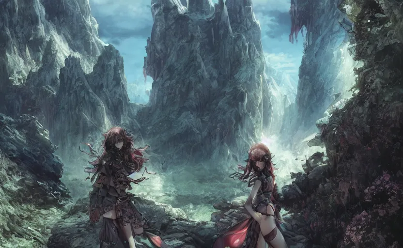 Image similar to goth woman in front of mountain landscape, color page, tankoban, 4 k, tone mapping, akihiko yoshida, james jean andrei riabovitchev marc simonetti, yoshitaka amano, long hair, curly, h. hydrochaeri