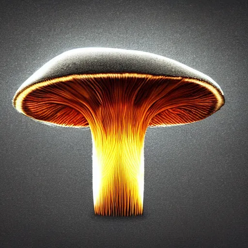 Prompt: beautiful roud mushroom cap is an alien ship, bottom view, luminous lamellae are clearly visible, no stipe, Giger, black background, hyper realism, epic composition