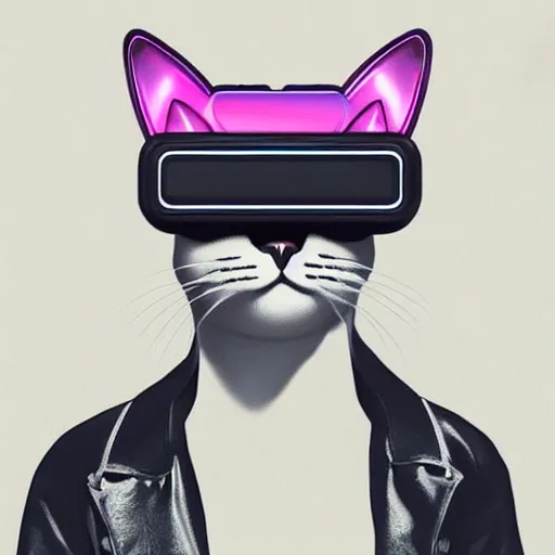 Prompt: cat wearing vr goggles, vaporwave poster illustration, artstation trending