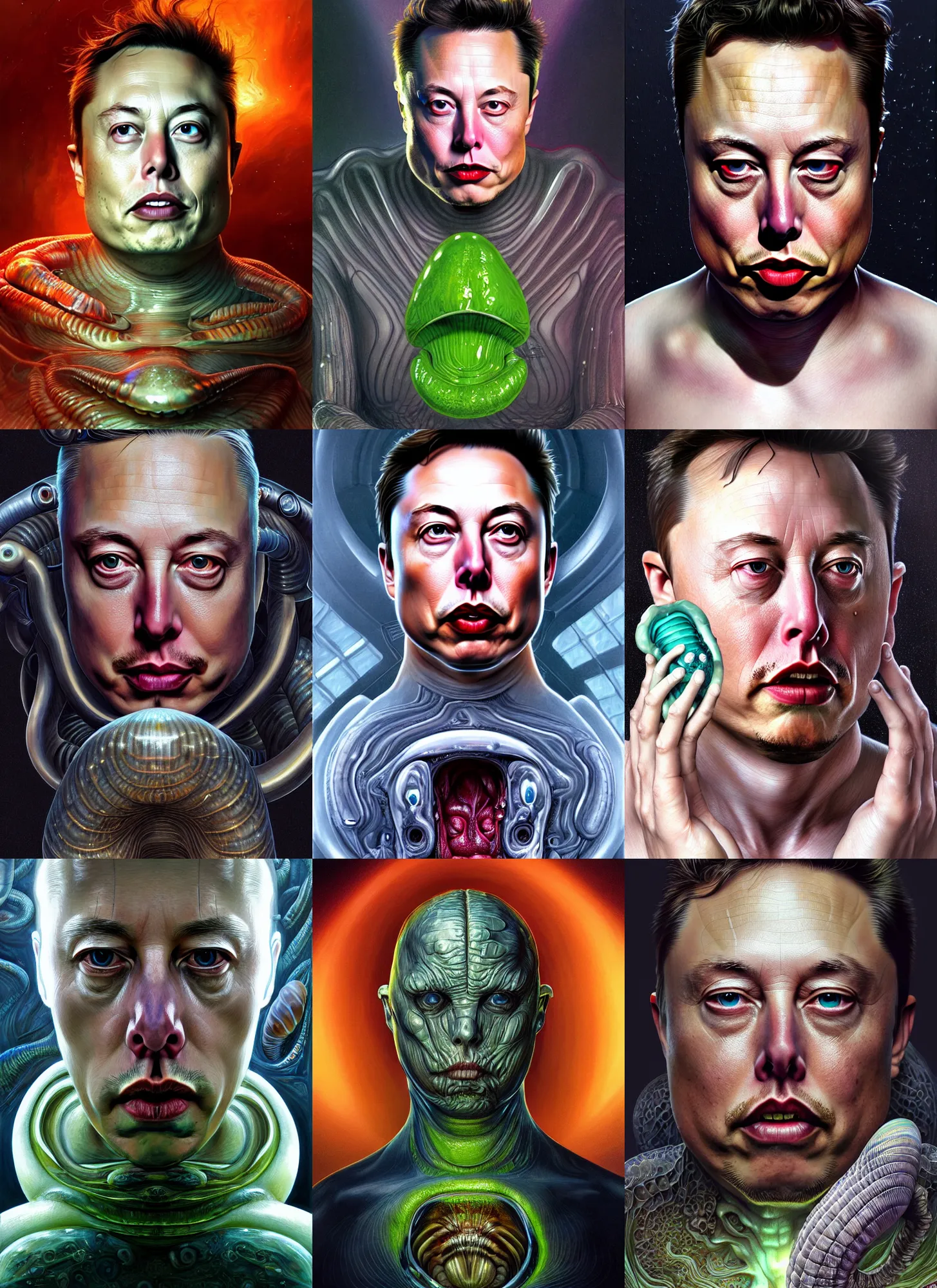 Prompt: hyperrealistic cell shaded por! dream elon musk as mollusk, slime, drool, portrait, intricate, elegant, highly detailed, digital painting, artstation, concept art, wallpaper, smooth, sharp focus, illustration, art by h. r. giger and artgerm and greg rutkowski and alphonse mucha