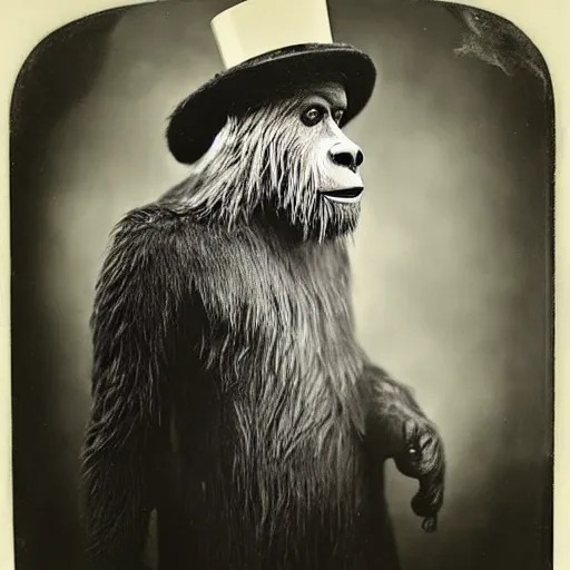 Prompt: a vintage wet plate portrait of a dignified bigfoot with a top hat and cane, extremely detailed, by angus mcbean!!!!!!!!!!!!!!!!!!