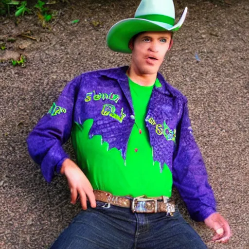 Image similar to breakdancing snake oil salesman, purple green cowboy b-boy, wildystyle