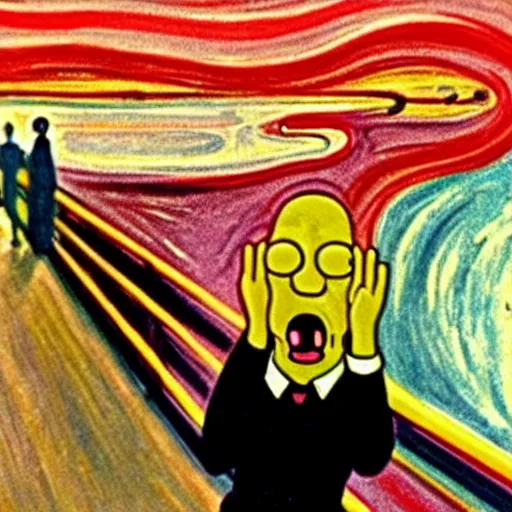 Image similar to the scream with with homer simpson by artist edvard munch