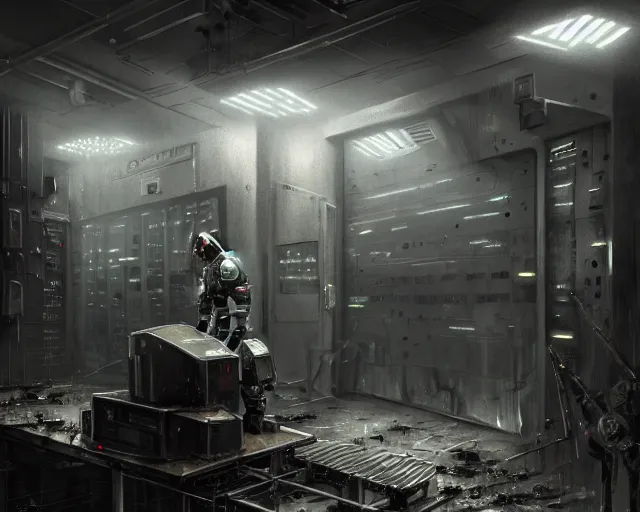 Image similar to robo in gloomy ruined server room in datacenter robot painting concept art of automata rusty steel robot knight colossus welder pacing mono eyed, sharp focus, emitting diodes, smoke, artillery, sparks, racks, motherboard, by pascal blanche rutkowski repin artstation hyperrealism detailed character design matte painting, 4 k resolution blade runner