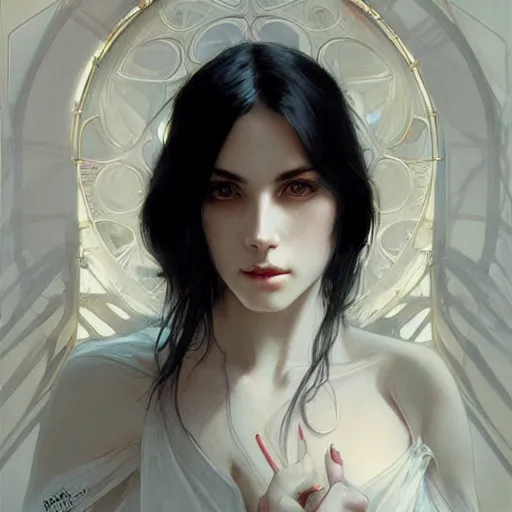 Image similar to a black haired woman with pale skin and dark eyes, intricate, elegant, highly detailed, digital painting, artstation, concept art, smooth, sharp focus, illustration, art by artgerm and greg rutkowski and alphonse mucha