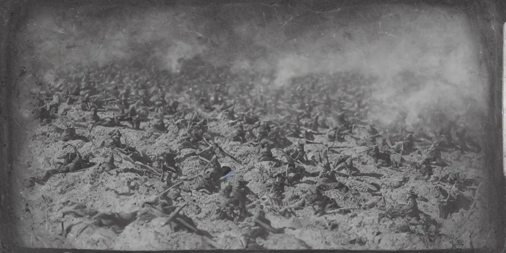 Prompt: american civil war trench battle, long wide trenches in the ground, tiny puffs of smoke, aerial view, tintype photograph