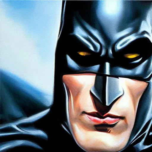 Image similar to An ultra-realistic portrait painting of Batman in the style of Alex Ross. 4K. Beautiful. Ultra-realistic. Highly detailed. Epic lighting.