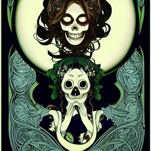 Image similar to anime manga skull portrait woman face flowing hair skeleton illustration style by Alphonse Mucha and Takashi Murakami pop art nouveau