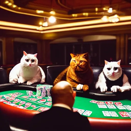 Image similar to fat mobster cats gambling at a poker table single light overhead photo