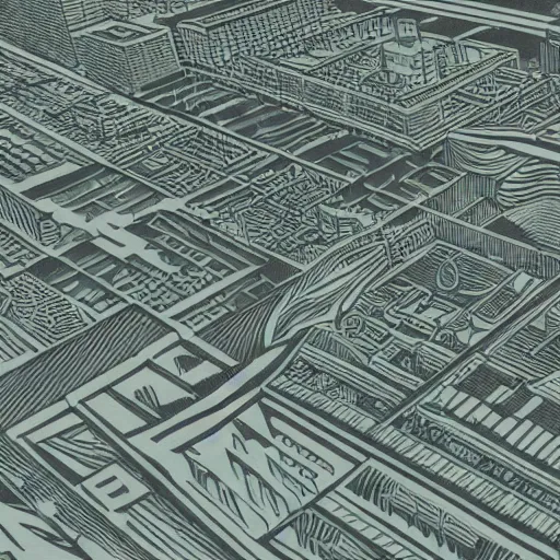 Prompt: woodblock print of drone footage of a futuristic metropolis