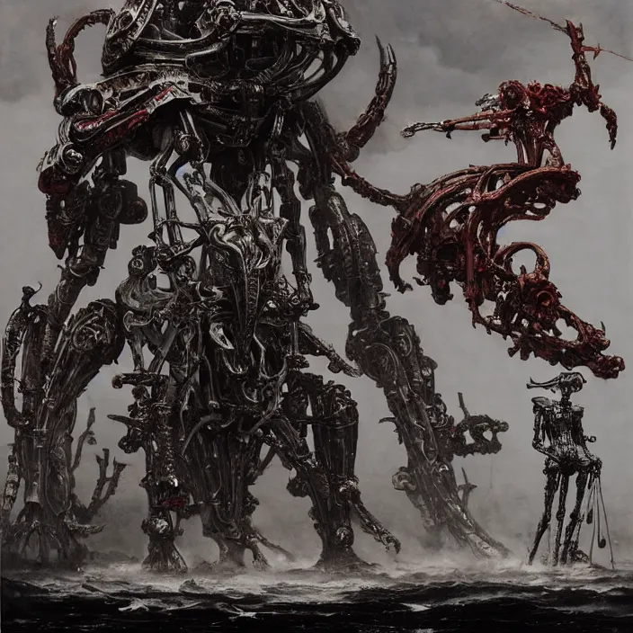 Image similar to still frame from Prometheus by Jakub Rozalski and utagawa kuniyoshi, infinite Hell Scape with gigantic mecha demon and ornate bone cyborgs by Wayne Barlowe by peter Mohrbacher by Giger, dressed by Alexander McQueen and by Neri Oxman, metal couture hate couture editorial