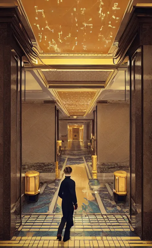 Image similar to a young man explores the halls and foyer of a grand old art deco hotel, meeting its eclectic guests. film poster. wes anderson. golden light. collage. photorealistic. octane render. cinematic. trending on artstation. textless.