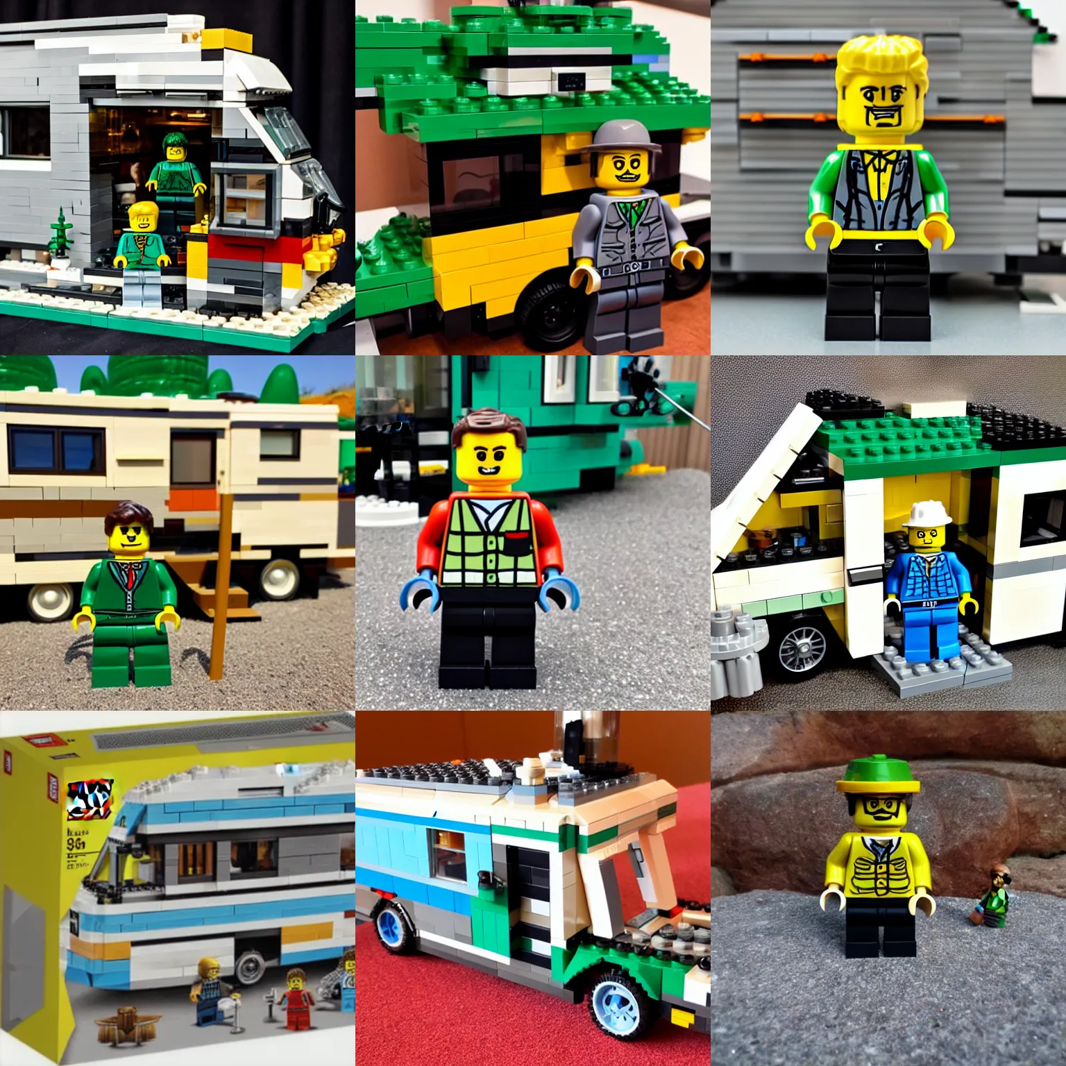 Prompt: lego version of walter white outside his rv