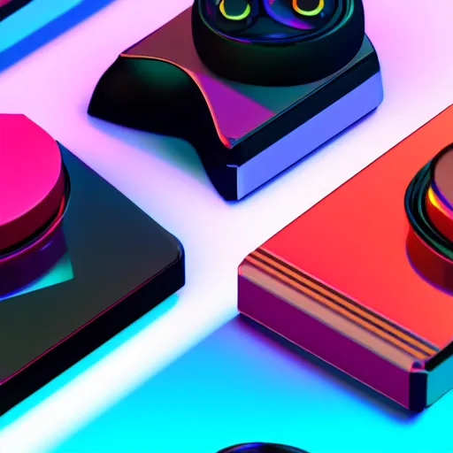 Prompt: product shot render for atari joystick, 8 k render, cinema 4 d, synthwave, retrowave color backdrop, depth of focus, glossy