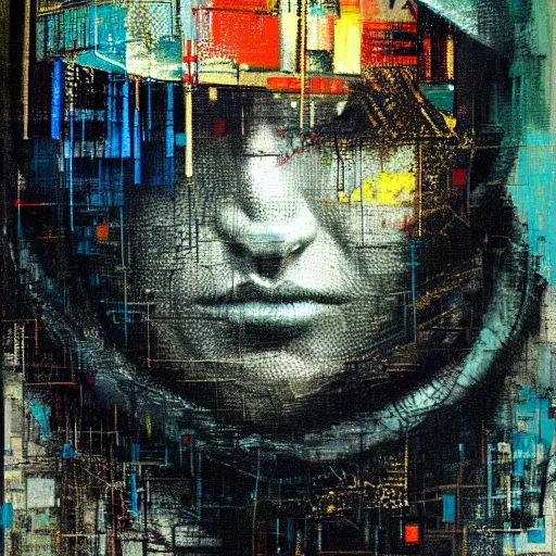 Prompt: portrait of a hooded character wearing a cyberpunk visor, by Guy Denning, by Johannes Itten, by Russ Mills, glitch art, hacking effects, chromatic, color blocking, oil on canvas, concept art, abstract