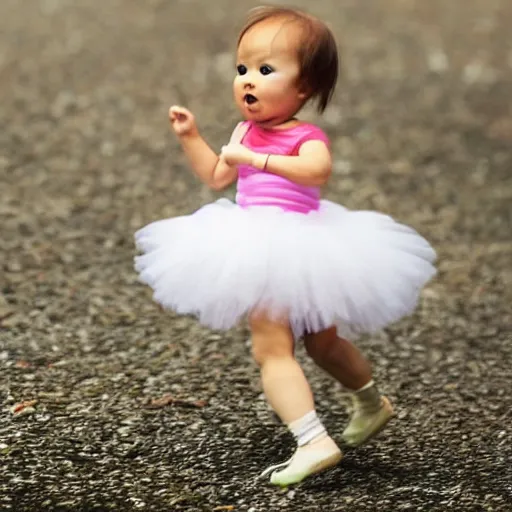 Image similar to an illustration of a baby daikon radish in a tutu walking a dog