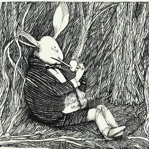 Image similar to a pen and ink drawing of a white rabbit smoking a smokey cigarette while reclining in a deep dark tangled forest, childrens book illustration, by edward gorey, by gustav dore